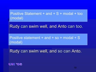 19
RudyRudy cancan swim well, and Antoswim well, and Anto can too.can too.
RudyRudy cancan swim well, andswim well, and soso cancan Anto.Anto.
Positive Statement + and + S + modal + too
(modal)
Positive statement + and + so + modal + S
(modal)
 