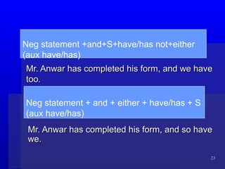 2323
Neg statement +and+S+have/has not+either
(aux have/has)
Mr. Anwar has completed his form, and we haveMr. Anwar has completed his form, and we have
too.too.
Mr. Anwar has completed his form, and so haveMr. Anwar has completed his form, and so have
we.we.
Neg statement + and + either + have/has + S
(aux have/has)
 