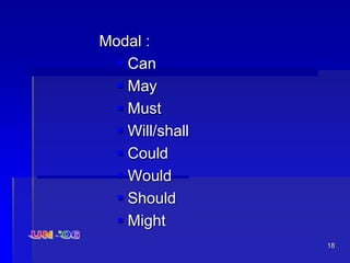 18
Modal :
 Can
 May
 Must
 Will/shall
 Could
 Would
 Should
 Might
 