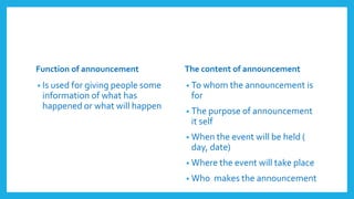 Function of announcement
• Is used for giving people some
information of what has
happened or what will happen
The content of announcement
• To whom the announcement is
for
• The purpose of announcement
it self
• When the event will be held (
day, date)
• Where the event will take place
• Who makes the announcement
 