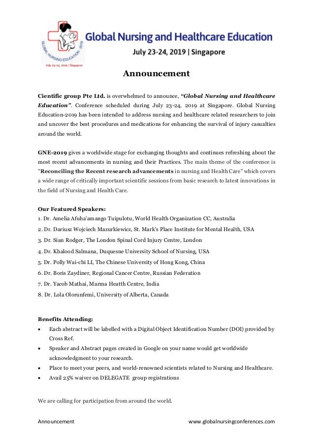 Announcement Nursing Education 2019 at Singapore