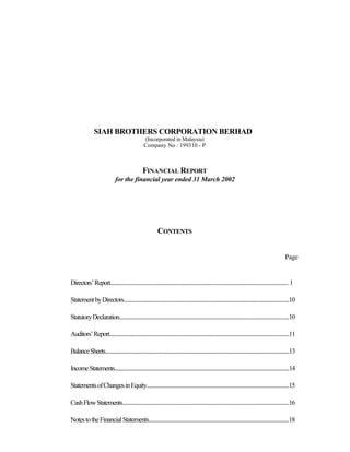 SIAH BROTHERS CORPORATION BERHAD
                                                       (Incorporated in Malaysia)
                                                       Company No : 199310 - P



                                                      FINANCIAL REPORT
                                 for the financial year ended 31 March 2002




                                                                  CONTENTS


                                                                                                                                                                   Page


Directors’ Report.................................................................................................................................................... 1

Statement by Directors......................................................................................................................................10

Statutory Declaration...........................................................................................................................................10

Auditors’ Report....................................................................................................................................................11

Balance Sheets...........................................................................................................................................................13

Income Statements.................................................................................................................................................14

Statements of Changes in Equity.................................................................................................................15

Cash Flow Statements.........................................................................................................................................16

Notes to the Financial Statements..............................................................................................................18
 