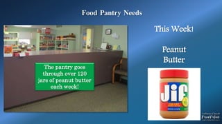 Food Pantry Needs
This Week!
Peanut
Butter
The pantry goes
through over 120
jars of peanut butter
each week!
 