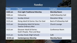 Sunday
Time Event Location
8:00 am First Light Traditional Worship Worship Room
9:00 am Fellowship Café/Fellowship Hall
9:15 am Sunday School Education Wing
9:15 am Doing Adult Ed Series: Run For God Back of Fellowship Hall
9:15 am Discipleship Adult Ed Series:
Twelve Ordinary Men
Church Lounge
9:15 am Discover Adult Ed Series:
God’s People, Then and Now
Conference Room
9:15 am Sunday Study (High School) Café
10:30 am Contemporary Worship Worship Room
 
