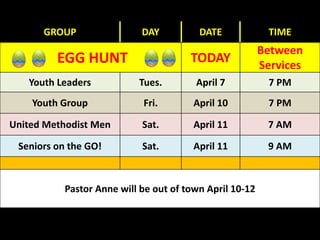 GROUP DAY DATE TIME
EGG HUNT TODAY
Between
Services
Youth Leaders Tues. April 7 7 PM
Youth Group Fri. April 10 7 PM
United Methodist Men Sat. April 11 7 AM
Seniors on the GO! Sat. April 11 9 AM
Pastor Anne will be out of town April 10-12
 