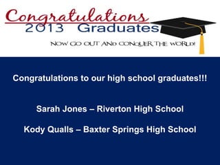 Congratulations to our high school graduates!!!
Sarah Jones – Riverton High School
Kody Qualls – Baxter Springs High School
 