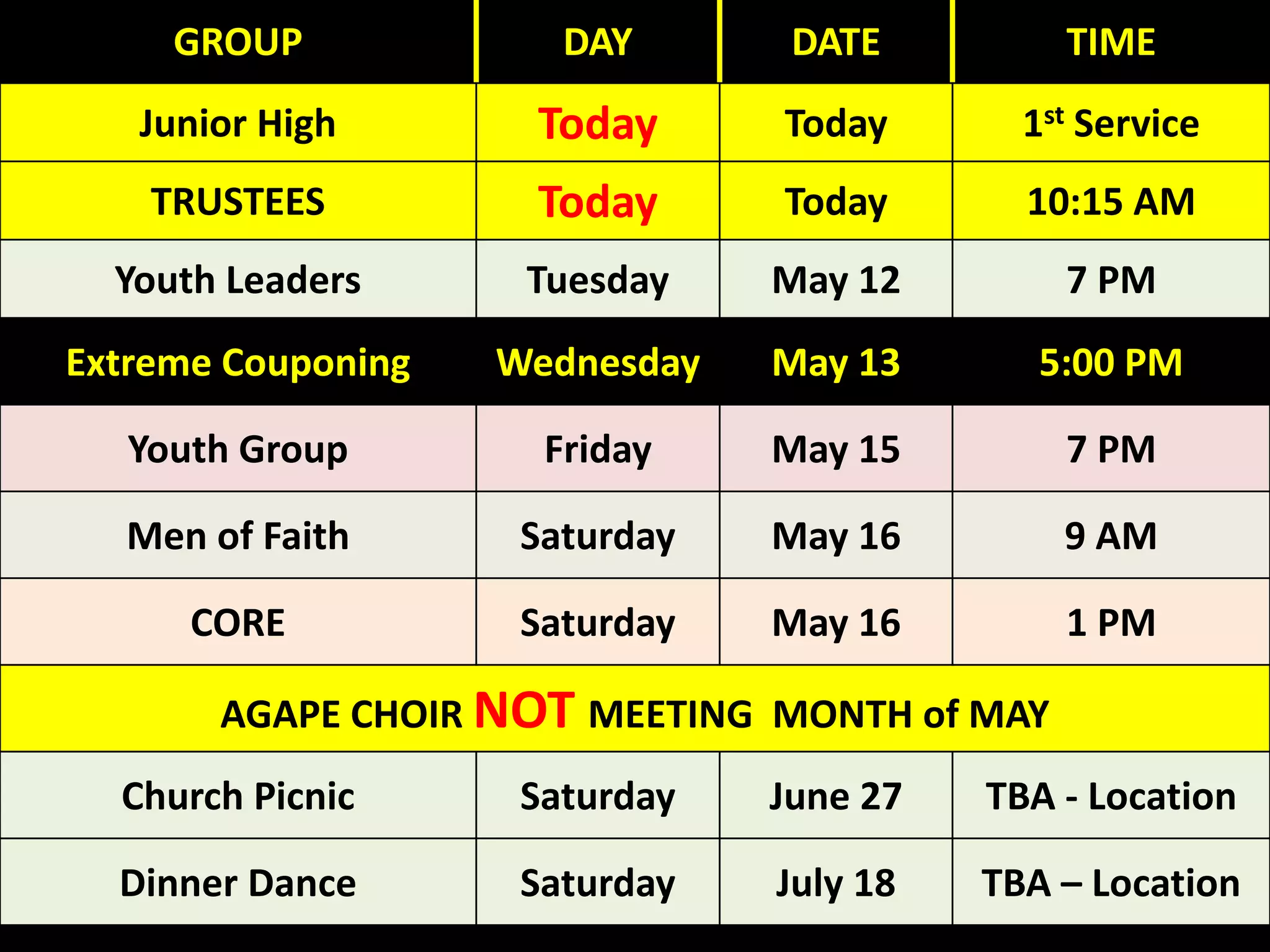 GROUP DAY DATE TIME
Junior High Today Today 1st Service
TRUSTEES Today Today 10:15 AM
Youth Leaders Tuesday May 12 7 PM
Extreme Couponing Wednesday May 13 5:00 PM
Youth Group Friday May 15 7 PM
Men of Faith Saturday May 16 9 AM
CORE Saturday May 16 1 PM
AGAPE CHOIR NOT MEETING MONTH of MAY
Church Picnic Saturday June 27 TBA - Location
Dinner Dance Saturday July 18 TBA – Location