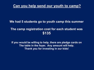 We had 5 students go to youth camp this summer
The camp registration cost for each student was
$135
If you would be willing to help, there are pledge cards on
The table in the foyer. Any amount will help.
Thank you for investing in our kids!
Can you help send our youth to camp?
 