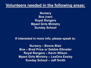 Volunteers needed in the following areas:
Nursery
Bus (van)
Royal Rangers
Mpact Girls Ministry
Sunday School
If interested in more info, please speak to:
Nursery – Boone Blair
Bus – Brad Price or Debbie Elbrader
Royal Rangers – Kevin Wilson
Mpact Girls Ministry – LeaOna Essley
Sunday School – Jeff Smith
 