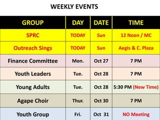 WEEKLY EVENTS 
GROUP DAY DATE TIME 
SPRC TODAY Sun 12 Noon / MC 
Outreach Sings TODAY Sun Aegis & C. Plaza 
Finance Committee Mon. Oct 27 7 PM 
Youth Leaders Tue. Oct 28 7 PM 
Young Adults Tue. Oct 28 5:30 PM (New Time) 
Agape Choir Thur. Oct 30 7 PM 
Youth Group Fri. Oct 31 NO Meeting 
 