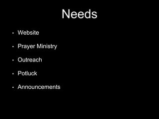 Needs
• Website
• Prayer Ministry
• Outreach
• Potluck
• Announcements
 