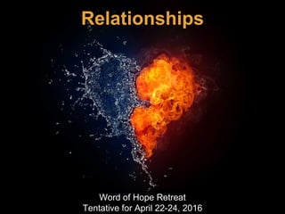 Word of Hope Retreat
Tentative for April 22-24, 2016
Relationships
 