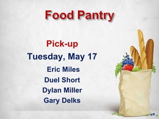 Pick-up Tuesday, May 17 Eric Miles Duel Short Dylan Miller Gary Delks 