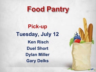 Pick-up Tuesday, July 12 Ken Risch Duel Short Dylan Miller Gary Delks 