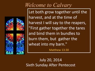 Welcome to Calvary
July 20, 2014
Sixth Sunday After Pentecost
Let both grow together until the
harvest, and at the time of
harvest I will say to the reapers,
"First gather together the tares
and bind them in bundles to
burn them, but gather the
wheat into my barn."
Matthew 13:30
 