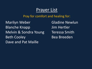 Prayer List
Pray for comfort and healing for:
Marilyn Weber Gladine Newlun
Blanche Knapp Jim Hertler
Melvin & Sondra Young Teressa Smith
Beth Cooley Bea Breeden
Dave and Pat Maille
 