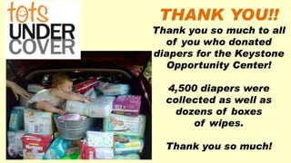 THANK YOU!!
Thank you so much to all
of you who donated
diapers for the Keystone
Opportunity Center!
4,500 diapers were
collected as well as
dozens of boxes
of wipes.
Thank you so much!
 