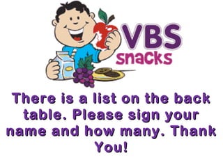 There is a list on the backThere is a list on the back
table. Please sign yourtable. Please sign your
name and how many. Thankname and how many. Thank
You!You!
 