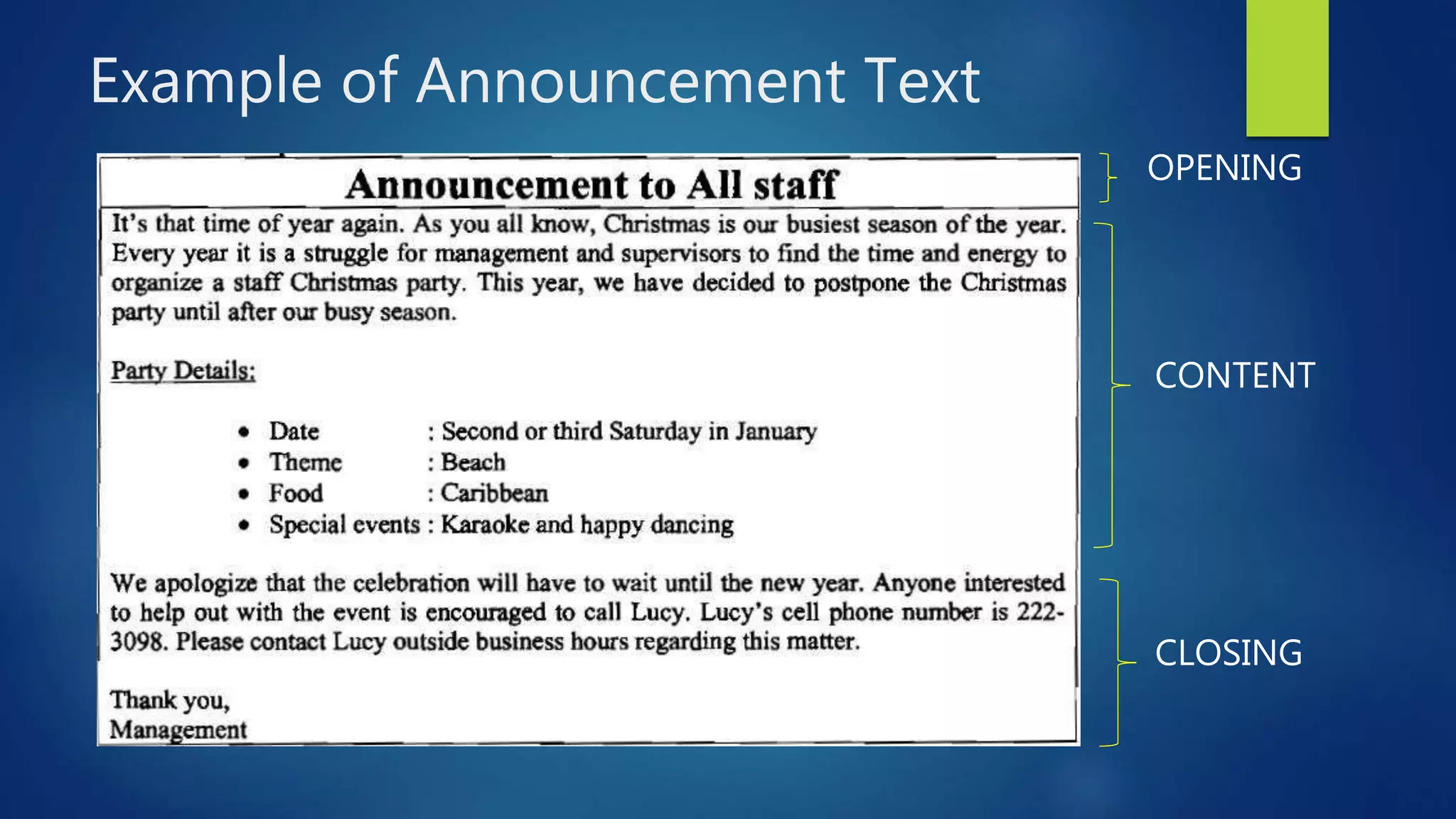 Announcement text ppt
