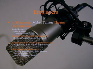 Employers  In Wisconsin;  Mabel  Tainter  Theater  (Menomonie)  Radio Networks      Radio Stations      Television Broadcasting Drinking Places (Alcoholic Beverages) (3%)      Drinking Places (Alcoholic Beverages) Independent Artists, Writers, and Performers (2%)      Independent Artists, Writers, and Performers Performing Arts Companies (1%)      Theater Companies and Dinner Theaters      Dance Companies      Musical Groups and Artists       All Other Amusement and Recreation Industries      Other Performing Arts Companies Other Amusement and Recreation Industries (1%)      Golf Courses and Country Clubs      Skiing Facilities      Marinas      Fitness and Recreational Sports Centers      Bowling Centers 