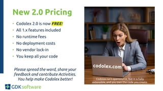 New 2.0 Pricing
• Codolex 2.0 is now FREE!
• All 1.x features included
• No runtime fees
• No deployment costs
• No vendor lock-in
• You keep all your code
Please spread the word, share your
feedback and contribute Activities.
You help make Codolex better! Codolex isn’t opensource, but it is fully
extensible, and you own the code you create.
 