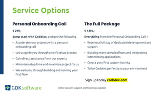 Service Options
Personal Onboarding Call
€ 299,-
Jump start with Codolex, and get the following
• Accelerate your projects with a personal
onboarding call
• Let us guide you through a swift setup process
• Gain direct assistance from our experts
• Minimizesetup timeand maximizeproject focus
• We walk you through building and running your
first flow
The Full Package
€ 1495,-
Everything from the Personal Onboarding Call +
• Receive a full day of dedicated developmentand
support
• Building more complexflows and integrating
into existing applications
• Create your first custom Activity
• Tailor Codolex perfectly to your environment
Other custom support and training available
Sign up today codolex.com
 