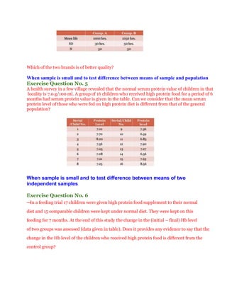 Which of the two brands is of better quality?

When sample is small and to test difference between means of sample and population
Exercise Question No. 5
A health survey in a few village revealed that the normal serum protein value of children in that
locality is 7.0 g/100 ml. A group of 16 children who received high protein food for a period of 6
months had serum protein value is given in the table. Can we consider that the mean serum
protein level of those who were fed on high protein diet is different from that of the general
population?




When sample is small and to test difference between means of two
independent samples

Exercise Question No. 6
— a feeding trial 17 children were given high protein food supplement to their normal
 In

diet and 15 comparable children were kept under normal diet. They were kept on this

feeding for 7 months. At the end of this study the change in the (initial – final) Hb level

of two groups was assessed (data given in table). Does it provides any evidence to say that the

change in the Hb level of the children who received high protein food is different from the

control group?
 