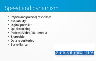 Speed and dynamism

Rapid (and precise) responses

Availability

Digital press kit

Quick tracking

Podcast/video/Multimedia

Shareable

Data repositories

Surveillance
 