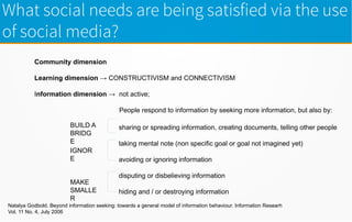 What social needs are being satisfied via the use
of social media?
Community dimension
Learning dimension → CONSTRUCTIVISM and CONNECTIVISM
Information dimension → not active;
People respond to information by seeking more information, but also by:
IGNOR
E
MAKE
SMALLE
R
BUILD A
BRIDG
E
Natalya Godbold. Beyond information seeking: towards a general model of information behaviour. Information Researh
Vol. 11 No. 4, July 2006
sharing or spreading information, creating documents, telling other people
taking mental note (non specific goal or goal not imagined yet)
avoiding or ignoring information
disputing or disbelieving information
hiding and / or destroying information
 