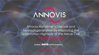 Attacks Alzheimer’s Disease and
Neurodegeneration by Improving the
Information Highway of the Nerve Cell
Axonal Transport
F e b r u a r y 2 0 2 1
Symbol: ANVS (NYSE American)
 