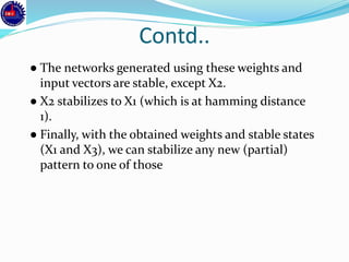 Contd..
● The networks generated using these weights and
input vectors are stable, except X2.
● X2 stabilizes to X1 (which is at hamming distance
1).
● Finally, with the obtained weights and stable states
(X1 and X3), we can stabilize any new (partial)
pattern to one of those
 
