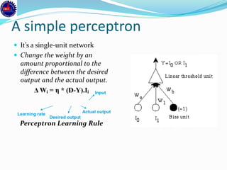 A simple perceptron
 It’s a single-unit network
 Change the weight by an
amount proportional to the
difference between the desired
output and the actual output.
Δ Wi = η * (D-Y).Ii
Perceptron Learning Rule
Learning rate
Desired output
Input
Actual output
 