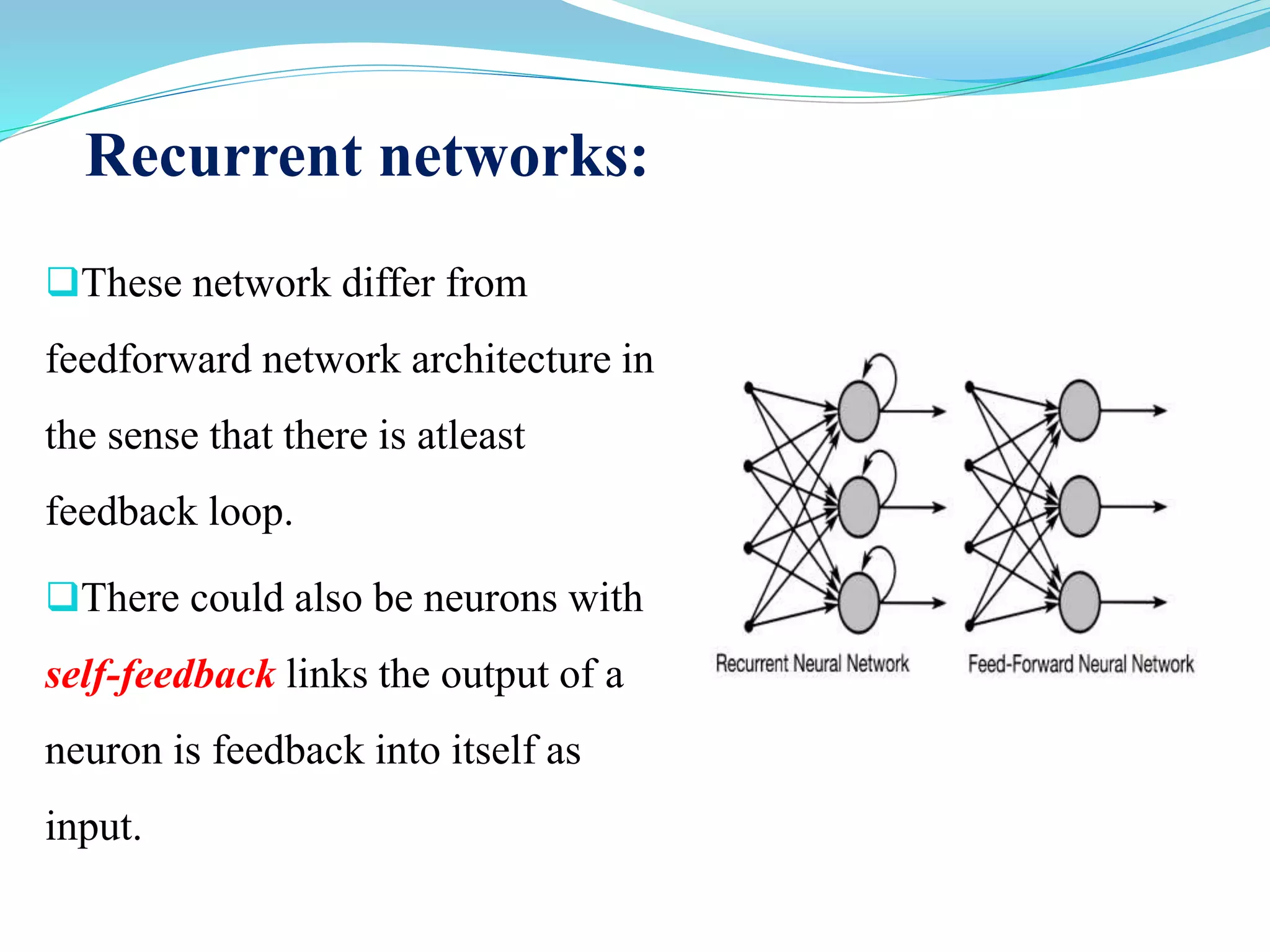 Recurrent networks:
These network differ from
feedforward network architecture in
the sense that there is atleast
feedback loop.
There could also be neurons with
self-feedback links the output of a
neuron is feedback into itself as
input.
 