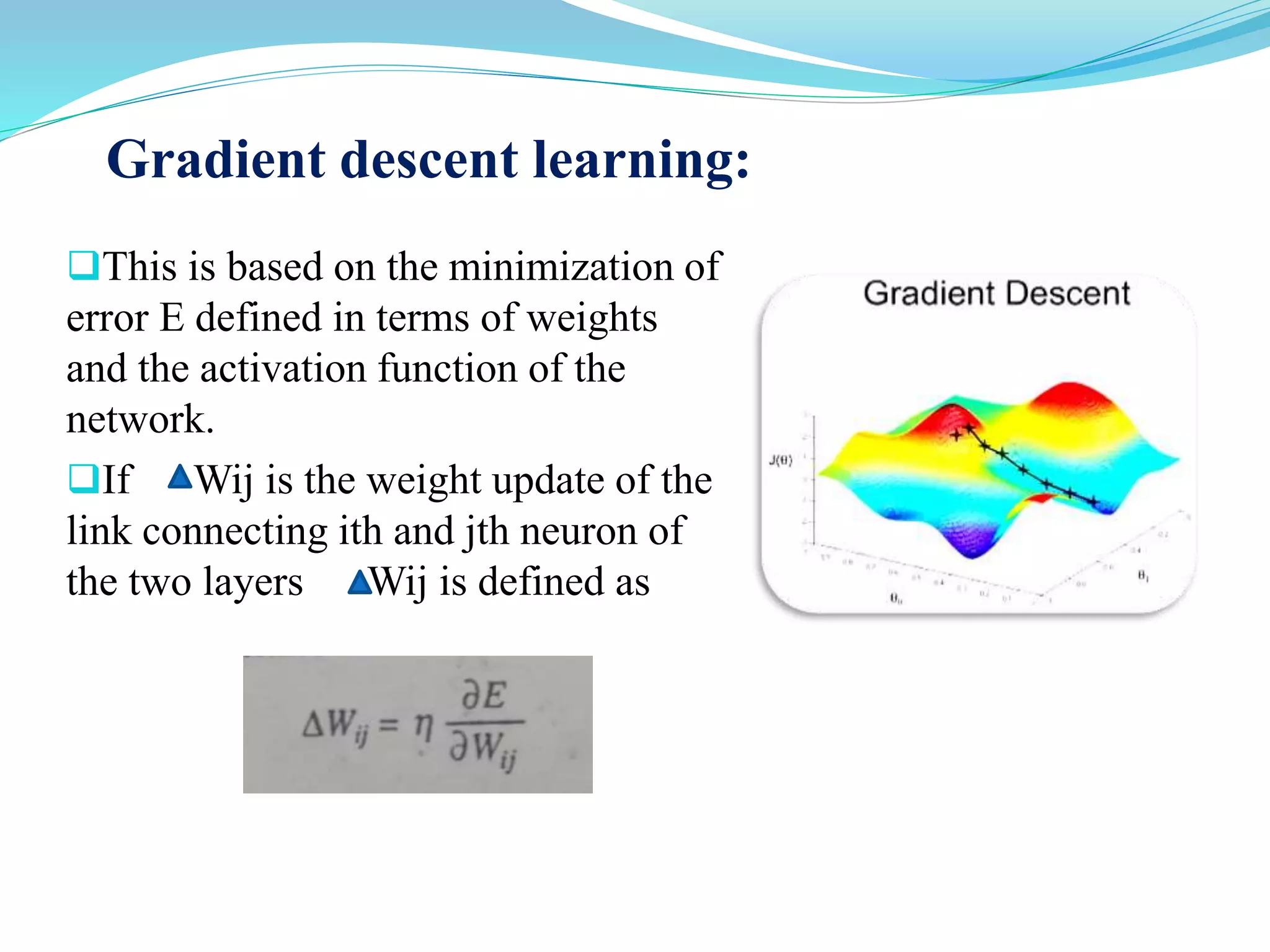 Gradient descent learning:
This is based on the minimization of
error E defined in terms of weights
and the activation function of the
network.
If Wij is the weight update of the
link connecting ith and jth neuron of
the two layers Wij is defined as
 
