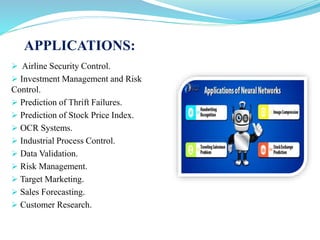 APPLICATIONS:
 Airline Security Control.
 Investment Management and Risk
Control.
 Prediction of Thrift Failures.
 Prediction of Stock Price Index.
 OCR Systems.
 Industrial Process Control.
 Data Validation.
 Risk Management.
 Target Marketing.
 Sales Forecasting.
 Customer Research.
 