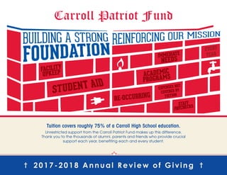 Tuition covers roughly 75% of a Carroll High School education.
Unrestricted support from the Carroll Patriot Fund makes up this difference.
Thank you to the thousands of alumni, parents and friends who provide crucial
support each year, benefiting each and every student.
2017-2018 Annual Review of Giving
 