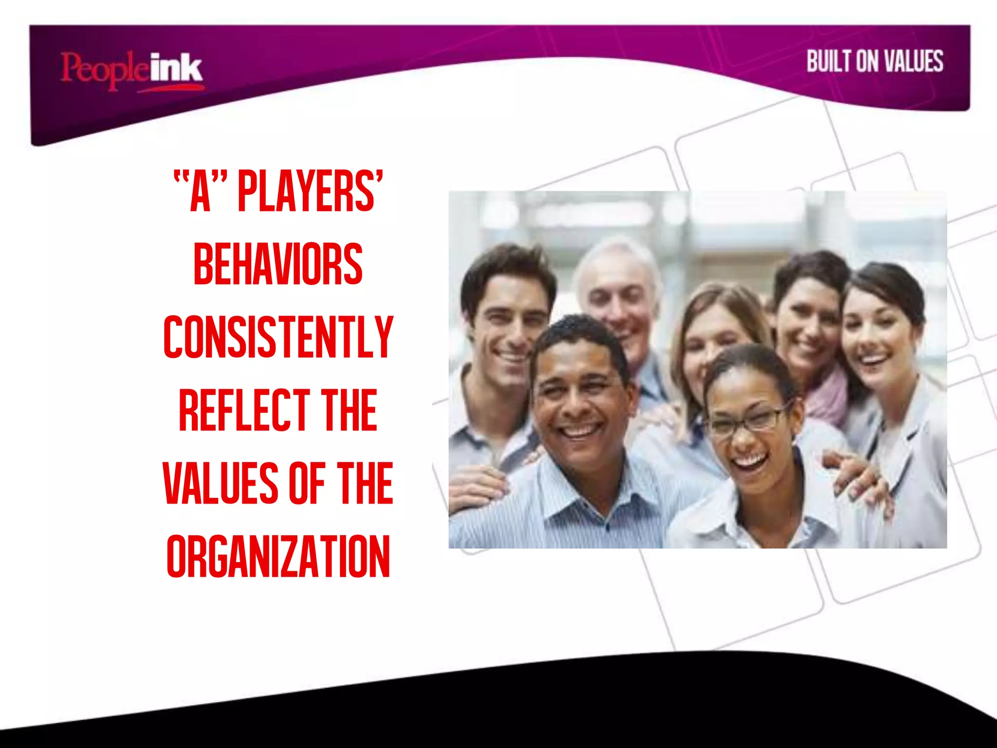 “A”players’
behaviors
consistently
reflectthe
valuesofthe
organization
 