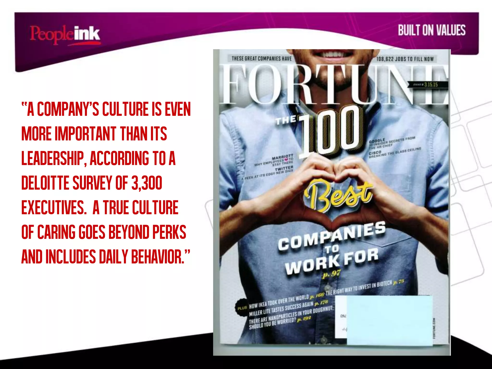 “Acompany’scultureiseven
moreimportantthanits
leadership,according toa
deloittesurveyof3,300
executives. Atrueculture
ofcaringgoesbeyondperks
andincludesdailybehavior.”
 