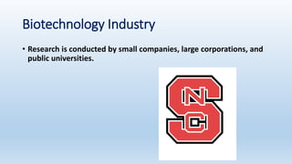 Biotechnology Industry
• Research is conducted by small companies, large corporations, and
public universities.
 