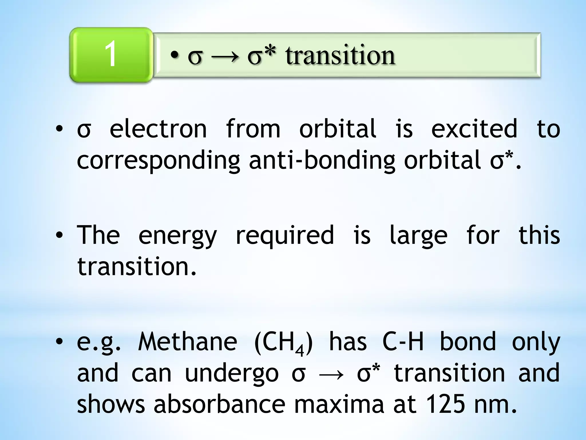 • σ electron from orbital is excited to
corresponding anti-bonding orbital σ*.
• The energy required is large for this
transition.
• e.g. Methane (CH4) has C-H bond only
and can undergo σ → σ* transition and
shows absorbance maxima at 125 nm.
• σ → σ* transition1
 