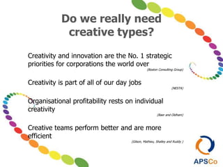 Do we really need
creative types?
Creativity and innovation are the No. 1 strategic
priorities for corporations the world over
(Boston Consulting Group)
Creativity is part of all of our day jobs
(NESTA)
Organisational profitability rests on individual
creativity
(Baer and Oldham)
Creative teams perform better and are more
efficient
(Gilson, Mathieu, Shalley and Ruddy )
 