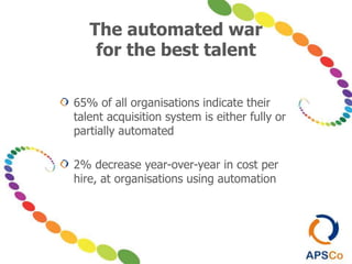 The automated war
for the best talent
65% of all organisations indicate their
talent acquisition system is either fully or
partially automated
2% decrease year-over-year in cost per
hire, at organisations using automation
 