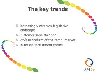 The key trends
Increasingly complex legislative
landscape
Customer sophistication
Professionalism of the temp. market
In-house recruitment teams
 