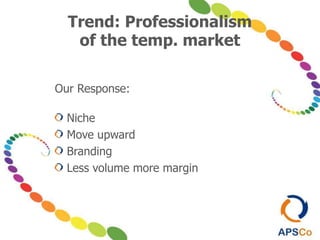 Trend: Professionalism
of the temp. market
Our Response:
Niche
Move upward
Branding
Less volume more margin
 