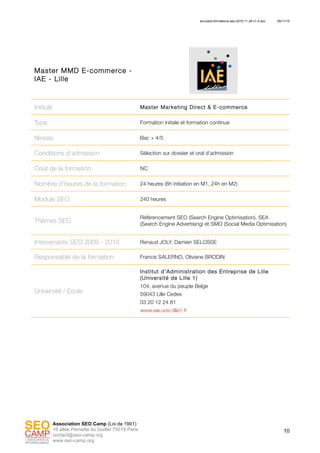 annuaire-formations-seo-2010.11.29-v1.4.doc 29/11/10
10
Association SEO Camp (Loi de 1901)
16 allée Pernette du Guillet 75019 Paris
contact@seo-camp.org
www.seo-camp.org
Master MMD E-commerce -
IAE - Lille
Intitulé Master Marketing Direct & E-commerce
Type Formation initiale et formation continue
Niveau Bac + 4/5
Conditions d’admission Sélection sur dossier et oral d’admission
Coût de la formation NC
Nombre d’heures de la formation 24 heures (8h initiation en M1, 24h en M2)
Module SEO 240 heures
Thèmes SEO
Référencement SEO (Search Engine Optimisation), SEA
(Search Engine Advertising) et SMO (Social Media Optimisation)
Intervenants SEO 2009 - 2010 Renaud JOLY, Damien SELOSSE
Responsable de la formation Francis SALERNO, Oliviane BRODIN
Université / Ecole
Institut d’Administration des Entreprise de Lille
(Université de Lille 1)
104, avenue du peuple Belge
59043 Lille Cedex
03 20 12 24 81
www.iae.univ-lille1.fr
 