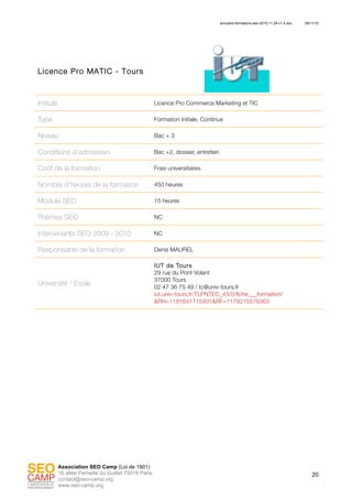 annuaire-formations-seo-2010.11.29-v1.4.doc 29/11/10
20
Association SEO Camp (Loi de 1901)
16 allée Pernette du Guillet 75019 Paris
contact@seo-camp.org
www.seo-camp.org
Licence Pro MATIC - Tours
Intitulé Licence Pro Commerce Marketing et TIC
Type Formation initiale, Continue
Niveau Bac + 3
Conditions d’admission Bac +2, dossier, entretien
Coût de la formation Frais universitaires
Nombre d’heures de la formation 450 heures
Module SEO 15 heures
Thèmes SEO NC
Intervenants SEO 2009 - 2010 NC
Responsable de la formation Denis MAUREL
Université / Ecole
IUT de Tours
29 rue du Pont Volant
37000 Tours
02 47 36 75 49 / tc@univ-tours.fr
iut.univ-tours.fr/TLPNTEC_43/0/fiche___formation/
&RH=1181641715931&RF=1179215578363
 