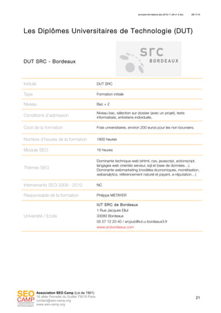annuaire-formations-seo-2010.11.29-v1.4.doc 29/11/10
21
Association SEO Camp (Loi de 1901)
16 allée Pernette du Guillet 75019 Paris
contact@seo-camp.org
www.seo-camp.org
Les Diplômes Universitaires de Technologie (DUT)
DUT SRC - Bordeaux
Intitulé DUT SRC
Type Formation initiale
Niveau Bac + 2
Conditions d’admission
Niveau bac, sélection sur dossier (avec un projet), tests
informatisés, entretiens individuels.
Coût de la formation Frais universitaires, environ 200 euros pour les non boursiers.
Nombre d’heures de la formation 1800 heures
Module SEO 16 heures
Thèmes SEO
Dominante technique web (xhtml, css, javascript, actionscript,
langages web orientés serveur, sql et base de données…).
Dominante webmarketing (modèles économiques, monétisation,
webanalytics, référencement naturel et payant, e-réputation…)
Intervenants SEO 2009 - 2010 NC
Responsable de la formation Philippe METAYER
Université / Ecole
IUT SRC de Bordeaux
1 Rue Jacques Ellul
33080 Bordeaux
05 57 12 20 40 / srcpub@iut.u-bordeaux3.fr
www.srcbordeaux.com
 
