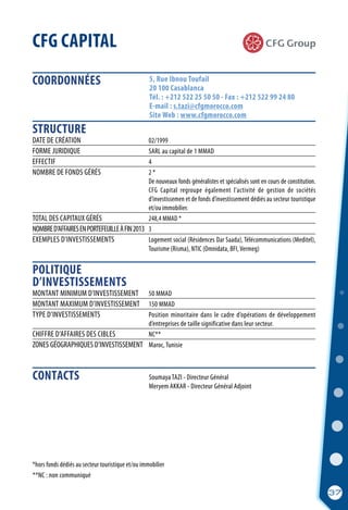 COORDONNÉES
STRUCTURE
POLITIQUE
D’INVESTISSEMENTS
CONTACTS
37
5, Rue Ibnou Toufail
20 100 Casablanca
Tél. : +212 522 25 50 50 - Fax : +212 522 99 24 80
E-mail : s.tazi@cfgmorocco.com
Site Web : www.cfgmorocco.com
	 Soumaya TAZI - Directeur Général
	 Meryem AKKAR - Directeur Général Adjoint
DATE DE CRÉATION	 02/1999
FORME JURIDIQUE  	 SARL au capital de 1 MMAD
EFFECTIF	 4
NOMBRE DE FONDS GÉRÉS 	 2 *
	 De nouveaux fonds généralistes et spécialisés sont en cours de constitution.
	 CFG Capital regroupe également l’activité de gestion de sociétés
	 d’investissemen et de fonds d’investissement dédiés au secteur touristique
	 et/ou immobilier.
TOTAL DES CAPITAUX GÉRÉS	 248,4 MMAD *
NOMBRED’AFFAIRESENPORTEFEUILLEÀFIN2013	 3
EXEMPLES D’INVESTISSEMENTS	 Logement social (Résidences Dar Saada), Télécommunications (Meditel),
	 Tourisme (Risma), NTIC (Omnidata, BFI, Vermeg)
CFG CAPITAL
MONTANT MINIMUM D’INVESTISSEMENT  	 50 MMAD
MONTANT MAXIMUM D’INVESTISSEMENT  	 150 MMAD
TYPE D’INVESTISSEMENTS	 Position minoritaire dans le cadre d’opérations de développement
	 d’entreprises de taille significative dans leur secteur.
CHIFFRE D’AFFAIRES DES CIBLES	 NC**
ZONES GÉOGRAPHIQUES D’INVESTISSEMENT	 Maroc, Tunisie
*hors fonds dédiés au secteur touristique et/ou immobilier
**NC : non communiqué
 