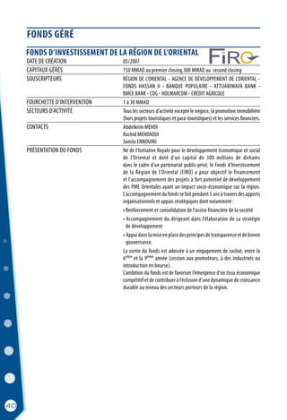 FONDS GÉRÉ
40
FONDS D’INVESTISSEMENT DE LA RÉGION DE L’ORIENTAL
DATE DE CRÉATION	 05/2007
CAPITAUX GÉRÉS	 150 MMAD au premier closing,300 MMAD au second closing
SOUSCRIPTEURS	 RÉGION DE L’ORIENTAL - AGENCE DE DÉVELOPPEMENT DE L’ORIENTAL -
	 FONDS HASSAN II - BANQUE POPULAIRE - ATTIJARIWAFA BANK -
	 BMCE BANK - CDG - HOLMARCOM - CRÉDIT AGRICOLE
FOURCHETTE D’INTERVENTION	 1 à 30 MMAD
SECTEURS D’ACTIVITÉ	 Tous les secteurs d’activité excepté le négoce, la promotion immobilière
	 (hors projets touristiques et para-touristiques) et les services financiers.
CONTACTS	 Abdelkrim MEHDI
	 Rachid MEHDAOUI
	 Jamila ENNOUINI
PRÉSENTATION DU FONDS	 Né de l’Initiative Royale pour le développement économique et social
	 de l’Oriental et doté d’un capital de 300 millions de dirhams
	 dans le cadre d’un partenariat public-privé, le Fonds d’Investissement
	 de la Région de l’Oriental (FIRO) a pour objectif le financement
	 et l’accompagnement des projets à fort potentiel de développement
	 des PME Orientales ayant un impact socio-économique sur la région.
	 L’accompagnement du fonds se fait pendant 5 ans à travers des apports
	 organisationnels et appuis stratégiques dont notamment :
	 • Renforcement et consolidation de l’assise financière de la société
	 • Accompagnement du dirigeant dans l’élaboration de sa stratégie
	 de développement
	 • Appuidanslamiseenplacedesprincipesdetransparenceetdebonne
	 gouvernance.
	 La sortie du fonds est adossée à un engagement de rachat, entre la
	6ème et la 9ème année (cession aux promoteurs, à des industriels ou
	 introduction en bourse).
	 L’ambition du fonds est de favoriser l’émergence d’un tissu économique
	 compétitif et de contribuer à l’éclosion d’une dynamique de croissance
	 durable au niveau des secteurs porteurs de la région.
 