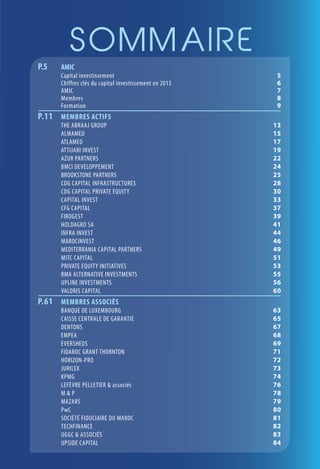 P.5	 AMIC
	 Capital investissement				
	 Chiffres clés du capital investissement en 2013				
	 AMIC				
	 Membres				
	 Formation				
P.11	 MEMBRES ACTIFS
	 THE ABRAAJ GROUP 				
	 ALMAMED				
	 ATLAMED				
	 ATTIJARI INVEST				
	 AZUR PARTNERS				
	 BMCI DEVELOPPEMENT				
	 BROOKSTONE PARTNERS				
	 CDG CAPITAL INFRASTRUCTURES				
	 CDG CAPITAL PRIVATE EQUITY				
	 CAPITAL INVEST				
	 CFG CAPITAL				
	 FIROGEST				
	 HOLDAGRO SA				
	 INFRA INVEST				
	 MAROCINVEST				
	 MEDITERRANIA CAPITAL PARTNERS				
	 MITC CAPITAL				
	 PRIVATE EQUITY INITIATIVES				
	 RMA ALTERNATIVE INVESTMENTS				
	 UPLINE INVESTMENTS				
	 VALORIS CAPITAL				
P.61	 MEMBRES ASSOCIÉS
	 BANQUE DE LUXEMBOURG				
	 CAISSE CENTRALE DE GARANTIE				
	 DENTONS				
	 EMPEA					
	 EVERSHEDS				
	 FIDAROC GRANT THORNTON				
	 HORIZON-PRO				
	 JURILEX				
	 KPMG					
	 LEFÈVRE PELLETIER & associés				
	 M & P					
	 MAZARS				
	 PwC					
	 SOCIÉTÉ FIDUCIAIRE DU MAROC				
	 TECHFINANCE				
	 UGGC & ASSOCIÉS				
	 UPSIDE CAPITAL				
5
6
7
8
9
13
15
17
19
22
24
25
28
30
33
37
39
41
44
46
49
51
53
55
56
60
63
65
67
68
69
71
72
73
74
76
78
79
80
81
82
83
84
 